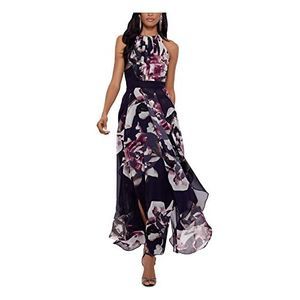 Long Printed Chiffon Carwash Gown Dress In Navy